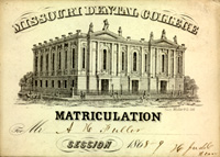 Missouri Dental College matriculation card, 1868