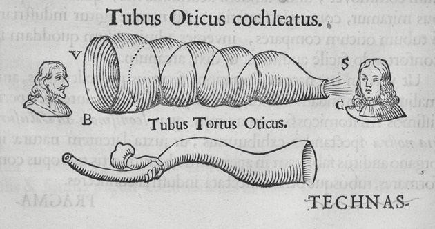 Ear trumpets illustrated in Kircher, 1673