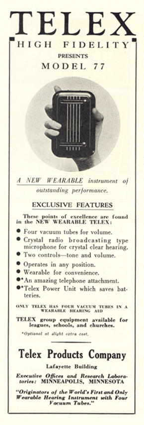 Telex 77 vacuum tube hearing aid advertisement, 1938