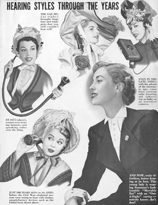 Sonotone advertisement showing evolution of hearing aid styles