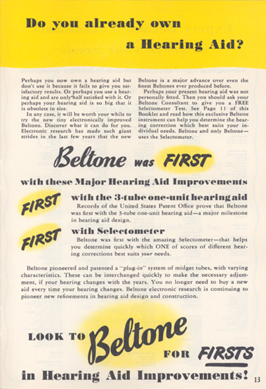 Beltone's 'New Discoveries to Help the Deaf Hear' brochure, page 13