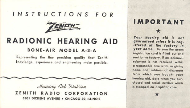 Zenith Radionic Hearing Aid brochure, page 1