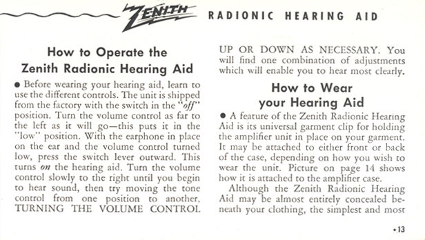 Zenith Radionic Hearing Aid brochure, page 13