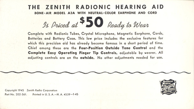 Zenith Radionic Hearing Aid brochure, inside front cover
