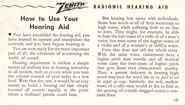 Zenith Radionic Hearing Aid brochure, page 21
