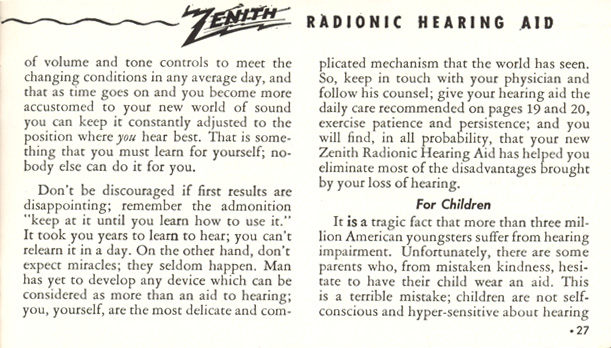 Zenith Radionic Hearing Aid brochure, page 27
