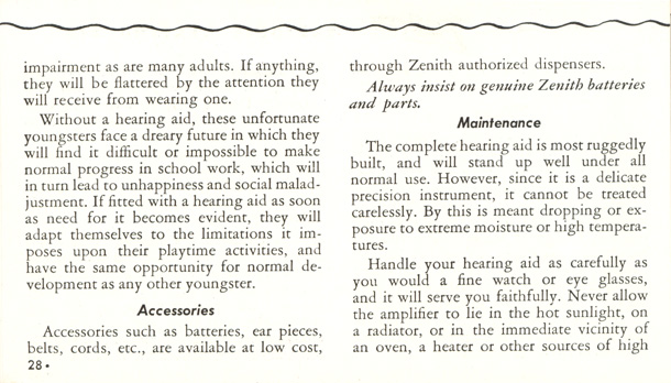 Zenith Radionic Hearing Aid brochure, page 28
