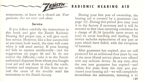 Zenith Radionic Hearing Aid brochure, page 29