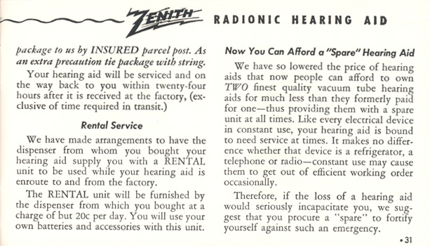 Zenith Radionic Hearing Aid brochure, page 31