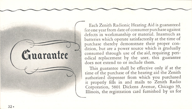 Zenith Radionic Hearing Aid brochure, page 32