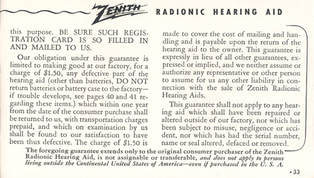 Zenith Radionic Hearing Aid brochure, page 33