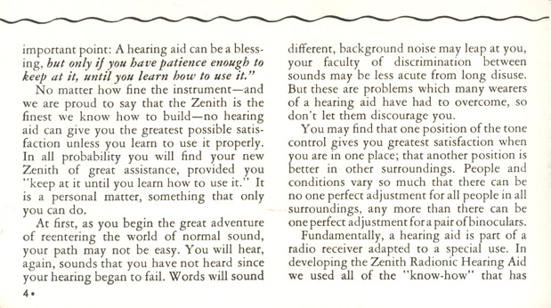 Zenith Radionic Hearing Aid brochure, page 4