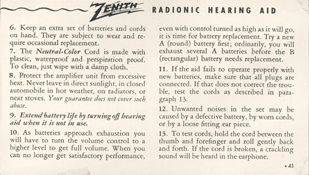 Zenith Radionic Hearing Aid brochure, page 41