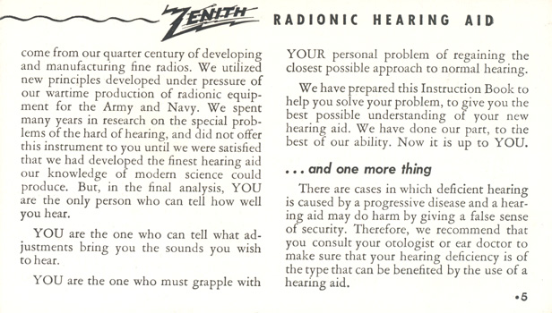 Zenith Radionic Hearing Aid brochure, page 5