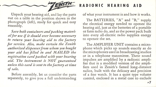 Zenith Radionic Hearing Aid brochure, page 7