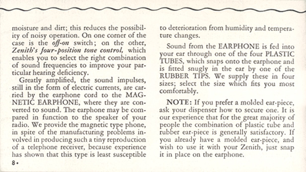 Zenith Radionic Hearing Aid brochure, page 8