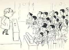 Caricature of Paul Stevenson lecturing at Peking Union Medical College
