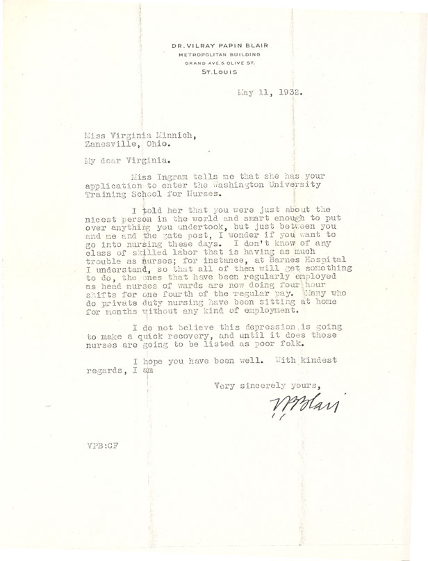 Letter from Vilray P. Blair to Virginia Minnich, 5/11/1932