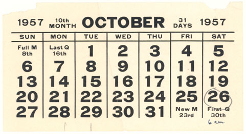 October 1957 calendar page noting Gerty Cori's death