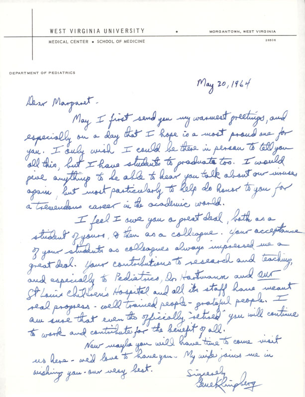 Letter of congratulations from Gene Klingberg to Margaret Smith, 5/20/1964