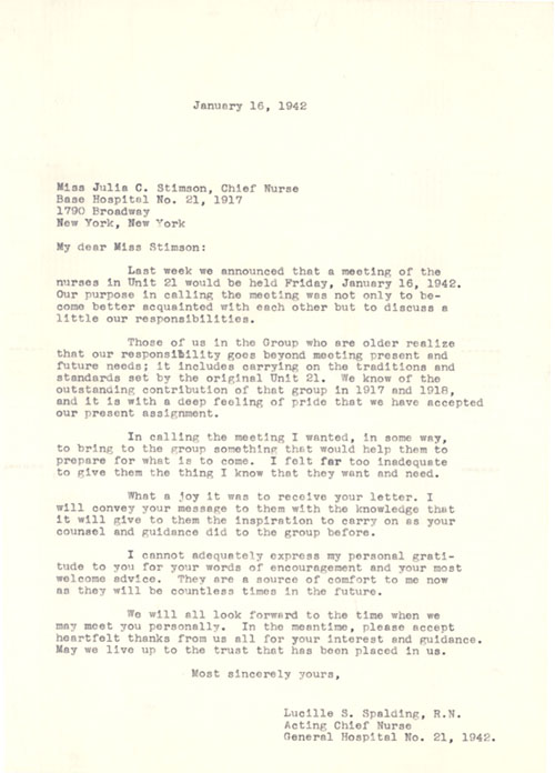 Letter from Lucille S. Spalding to Julia C. Stimson, 1/16/1942
