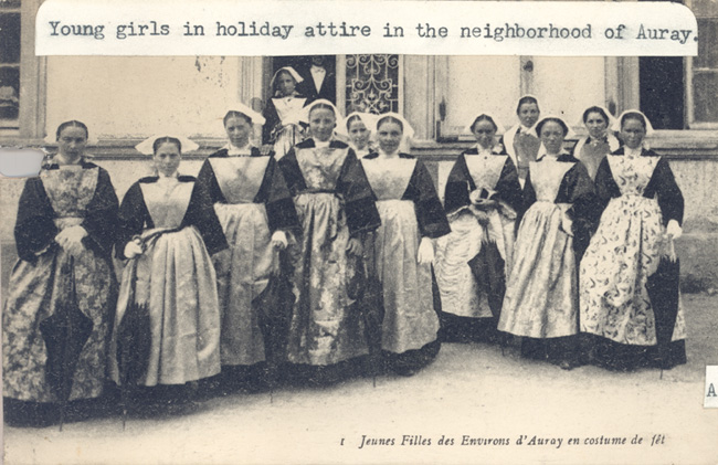 Post card showing young girls in holiday attire, Auray, France