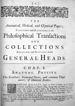 First page from the collected first volumes of "Philosophical Transactions," the first English scientific journal