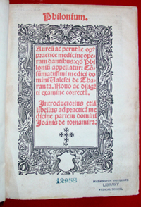Title page from Valesco de Tarenta's Philonium, 1526