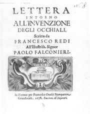 Title page from Redi's 1678 text on eyeglasses
