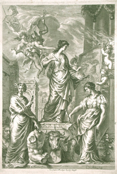 Copper engraving frontispiece from Joachim von Sandrart's treatise, Teutsche Academie der Edlen Bau-, Bild-, und Mahlerey-Kunste